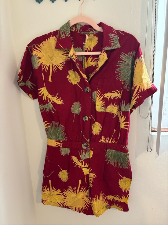 Pants - Free People Red Tropical Print Button Romper with Yellow & Green Palms